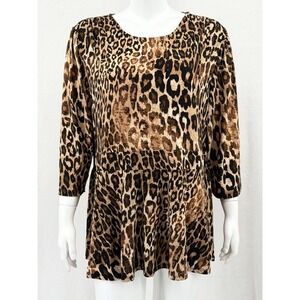 Ava & Grace Top Womens‎ 2X Tan Leopard Peplum 3/4 Sleeve Stretch Mature Office